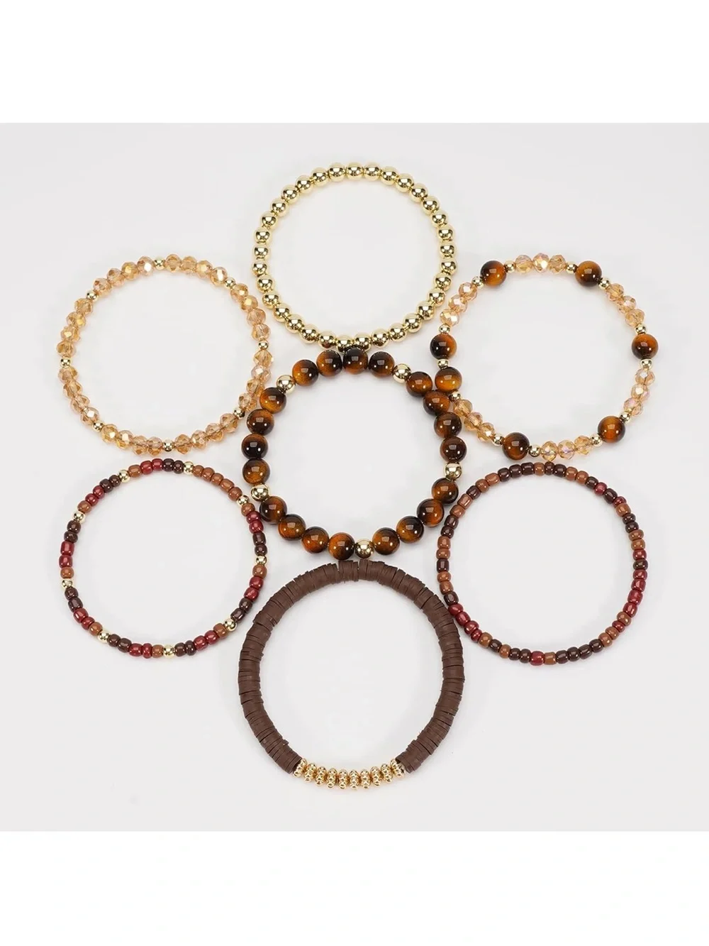 Anthropologie Brown, Gold & Amber Stackable Beaded Bracelet Set